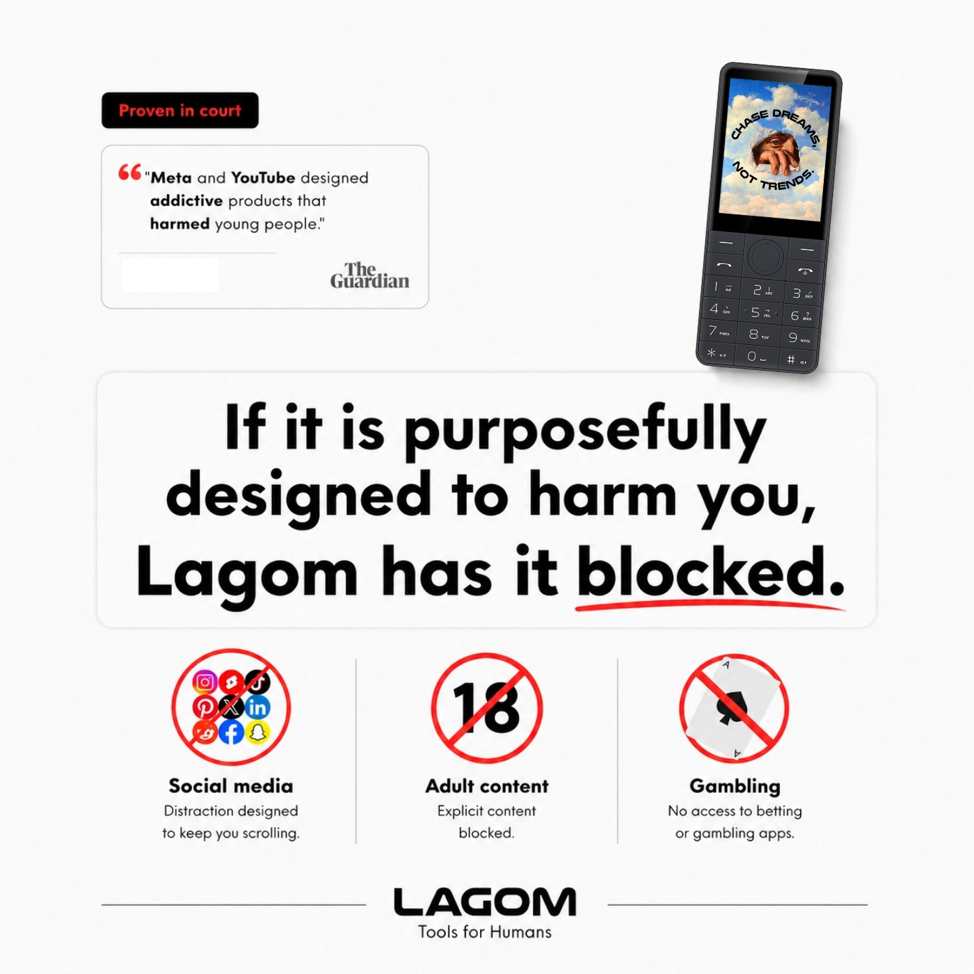“Minimalist Lagom phone for kids and adults, without social media, designed for focus and safety”
