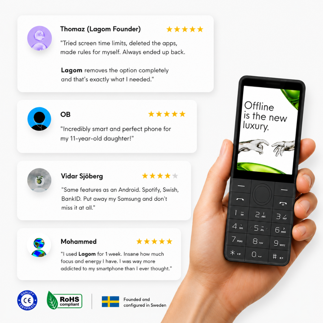 “Compact mobile device for calls and texts, promoting digital wellbeing and offline living”
