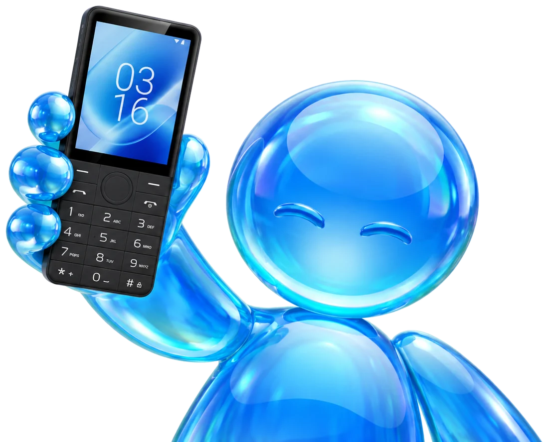 A smiling figure made of blue glass holds up the Lagom phone.